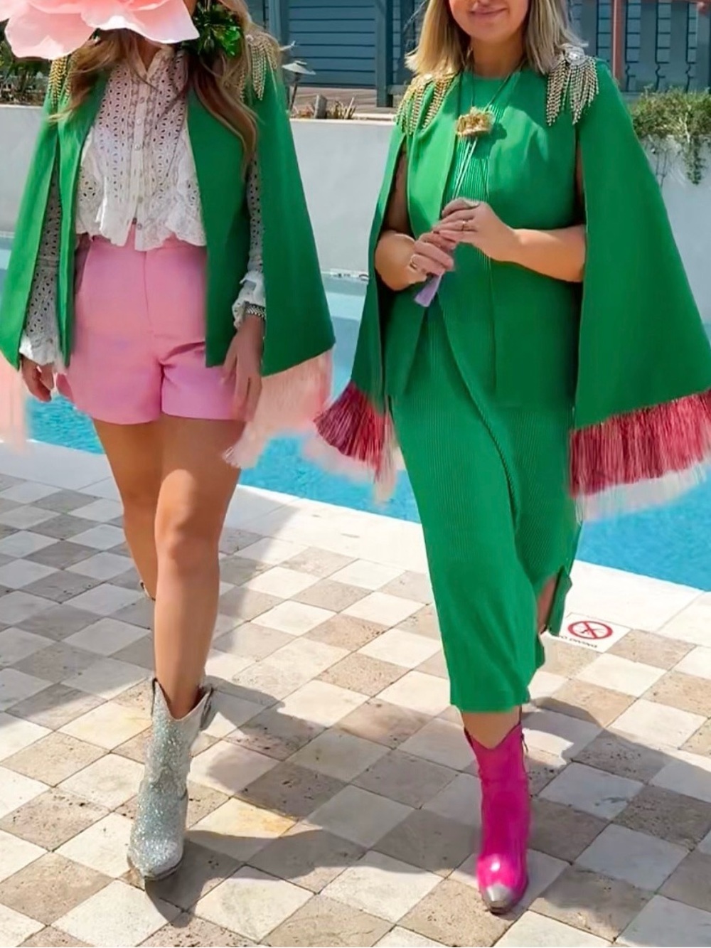 Cosmic Collective Blazer cape in green w/pink fringe